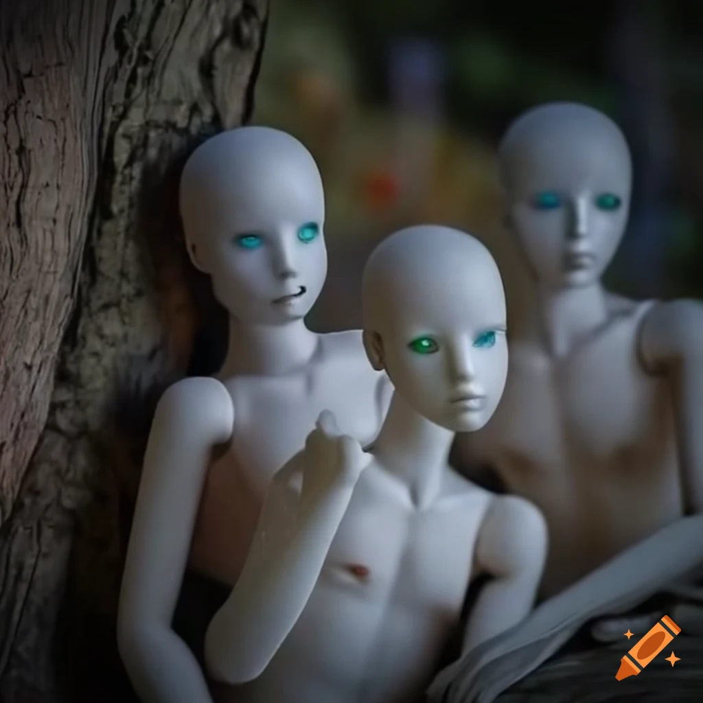 Anthropomorphic mannequins in a pod with fairies