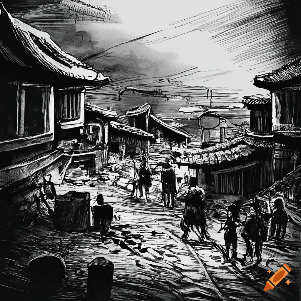 Korean village under attack during the Korean War in black and white drawing