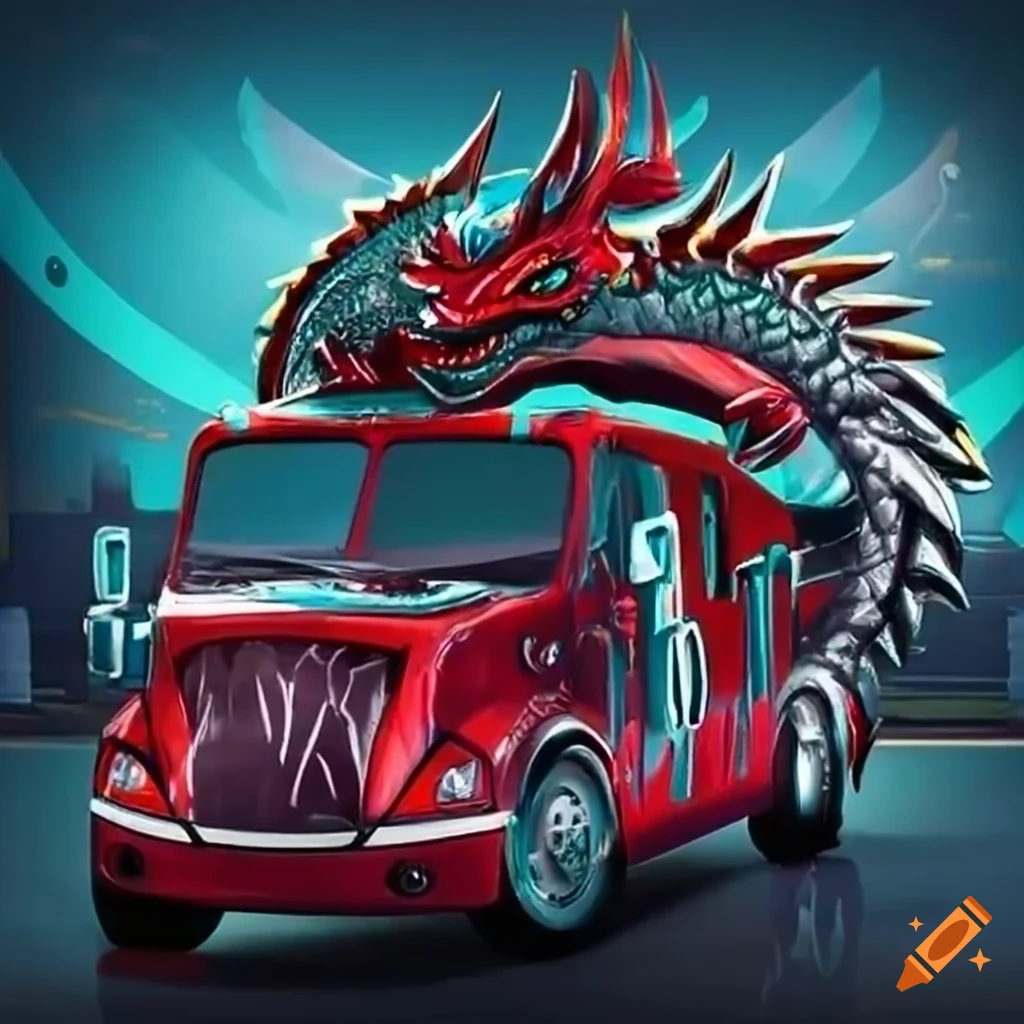 Vibrant team bus with dragon emblem and lacrosse players in action gear