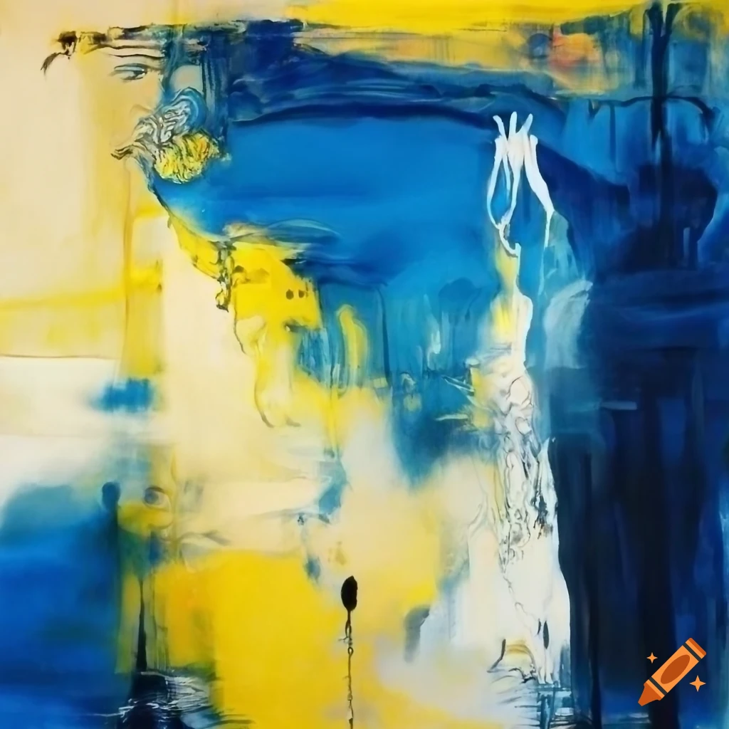Abstract art piece in oil with blue, yellow, and white influences