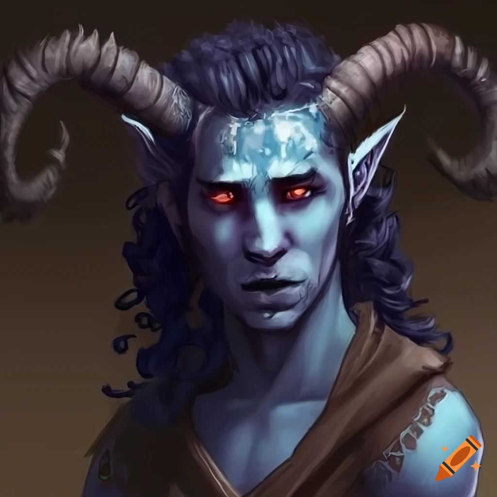 Attractive male Tiefling druid with horns and tattered clothing