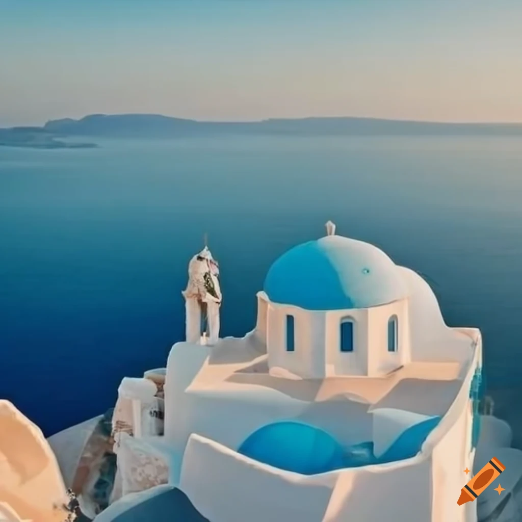 Couple getting married in Santorini with view of the sea and blue houses