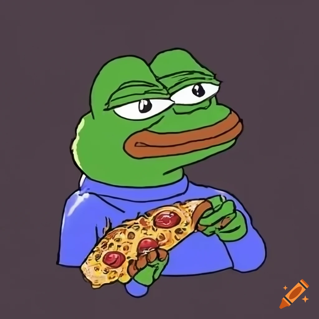 Meme of Pepe wearing Bitcoin t-shirt and enjoying pizza on the moon on  Craiyon