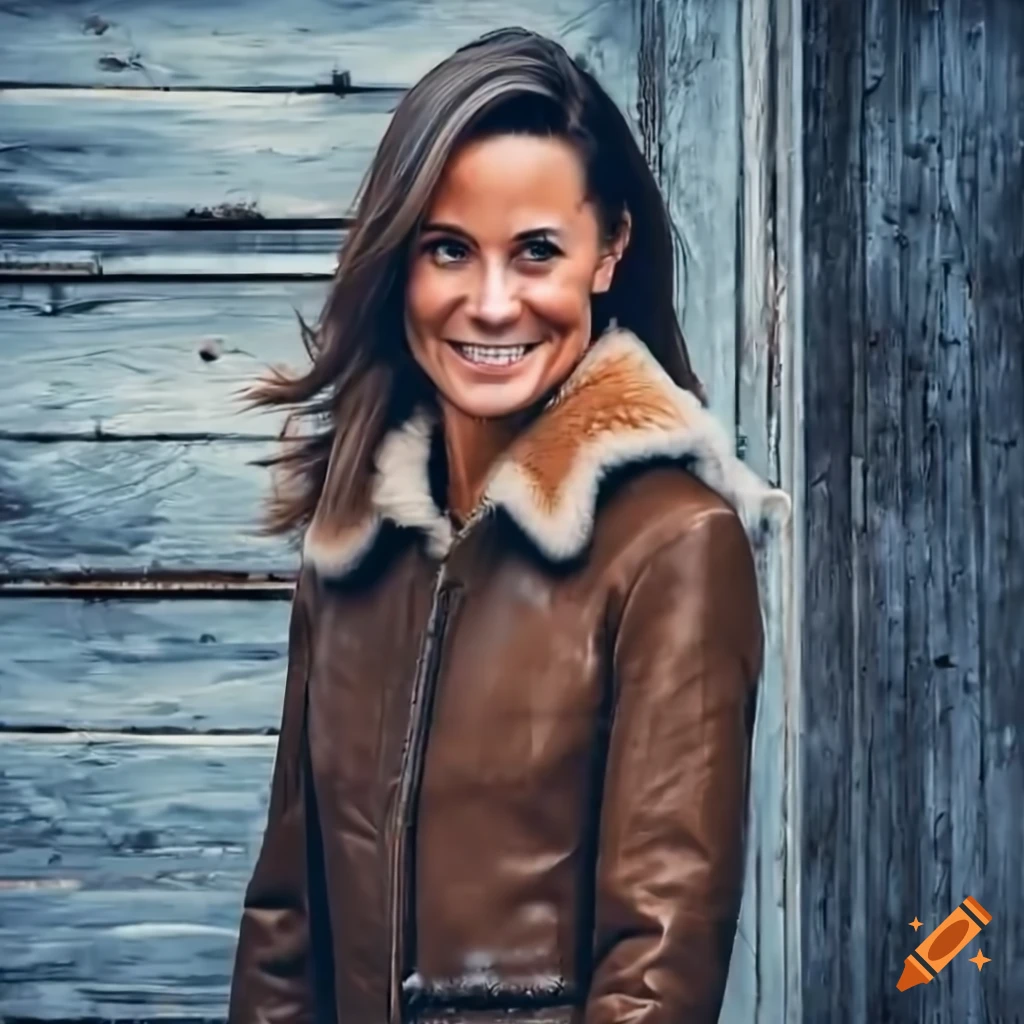 Young woman in brown sheepskin bomber jacket and black leather trousers standing in barn doorway