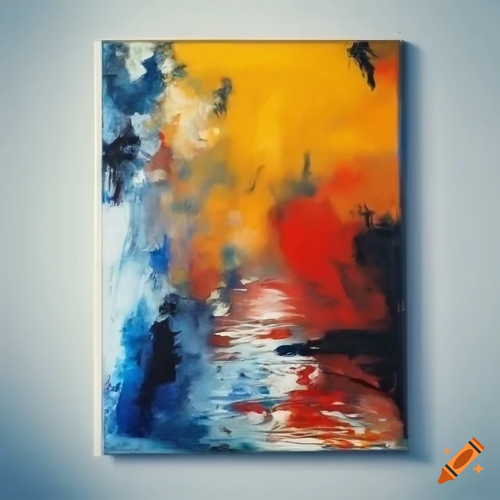 Abstract art inspired by Rauschenberg, Amano, and Zao Wou-Ki with red, black, yellow, blue, white elements