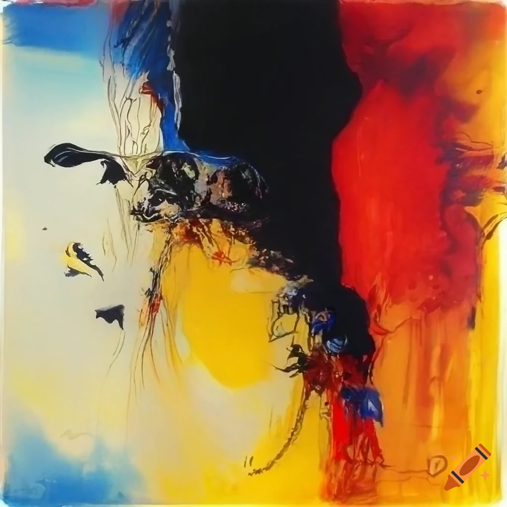 Stunning abstract art piece inspired by Rauschenberg, Amano, and Zao Wou-Ki, featuring red, black, yellow, blue, and white elements