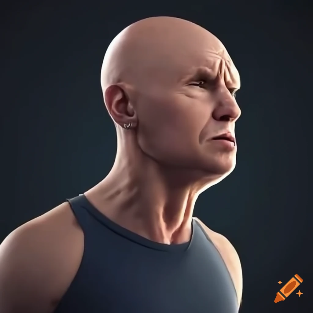 Bald man looking forward intently