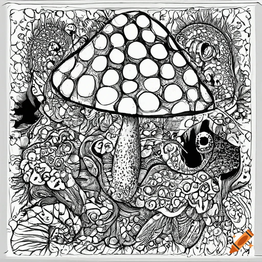 Black and white coloring book page featuring a mushroom and a frog