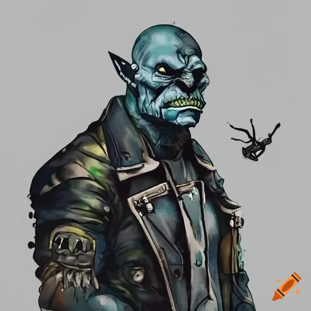 Bald orc wearing a biker jacket