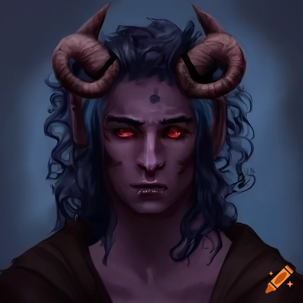 Attractive male Tiefling druid with curly ram-like horns and tattered brown attire