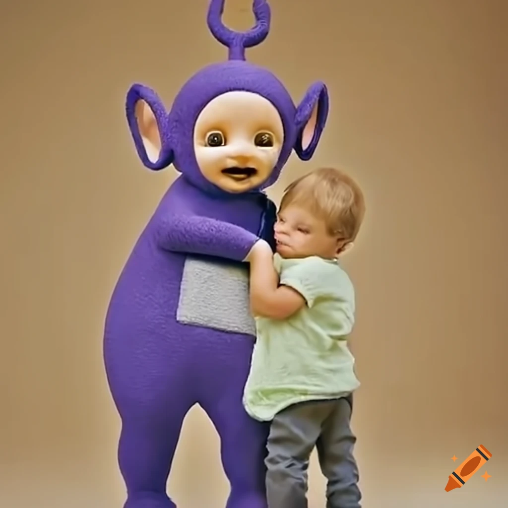 Female teletubby offering piggyback ride to a boy