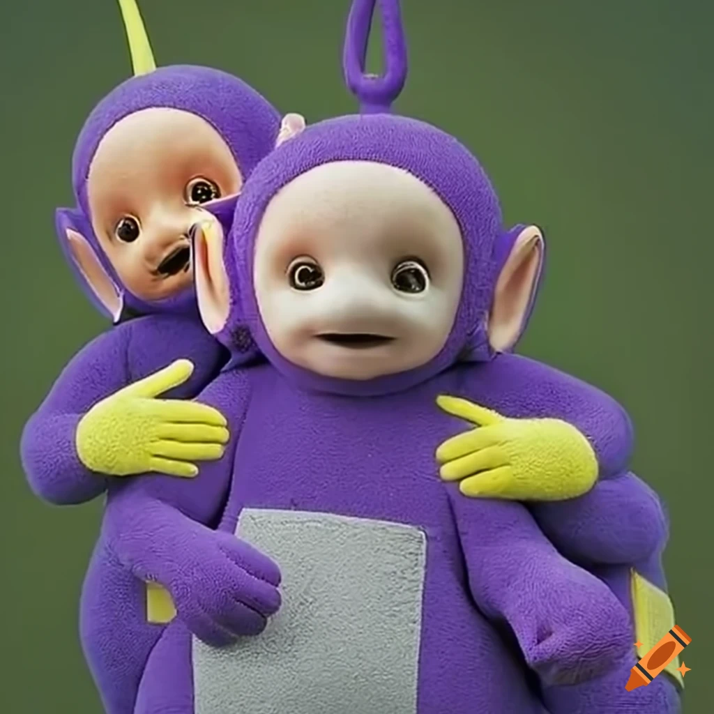 Female Teletubby offering a piggyback ride to a boy