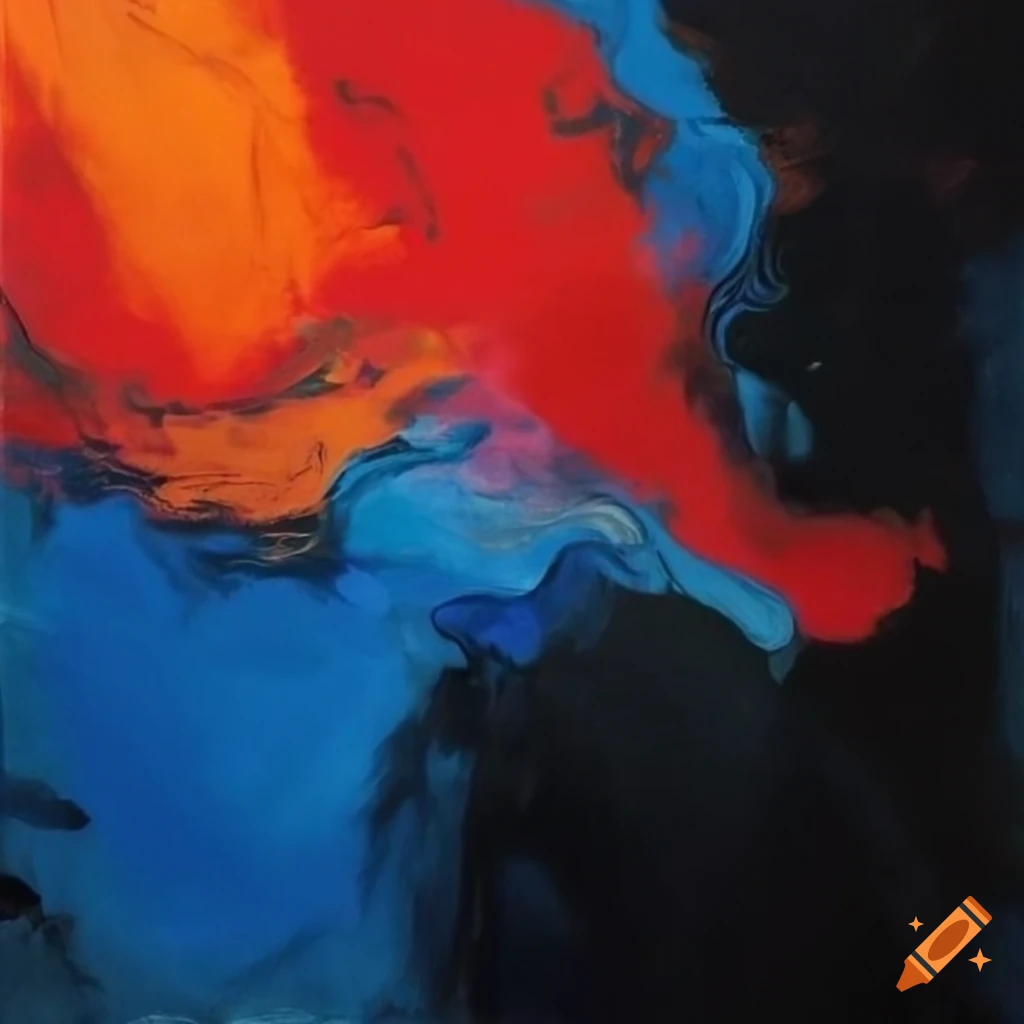 Abstract art piece with influences by Rauschenberg, Amano, and Wou-Ki in red, black, yellow, blue, white