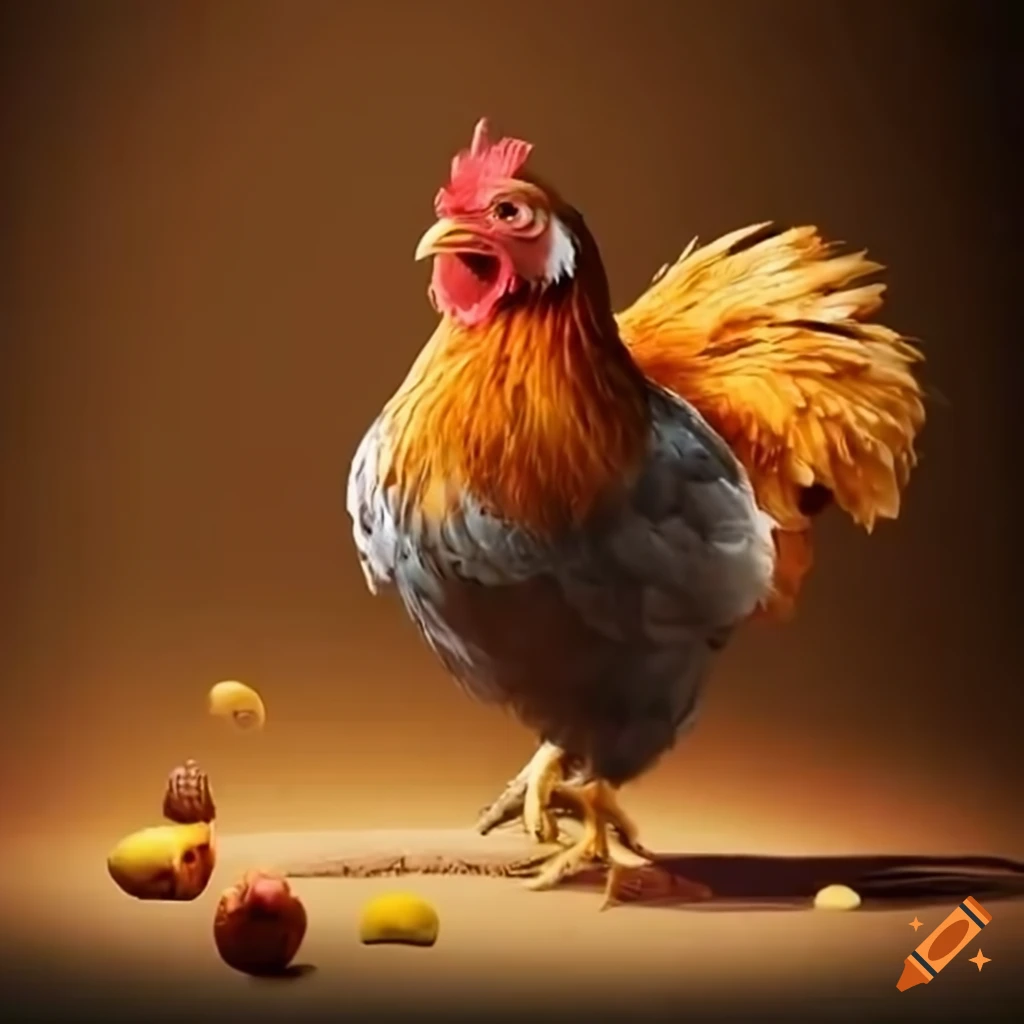 Chicken playing a game with human friends in a big house