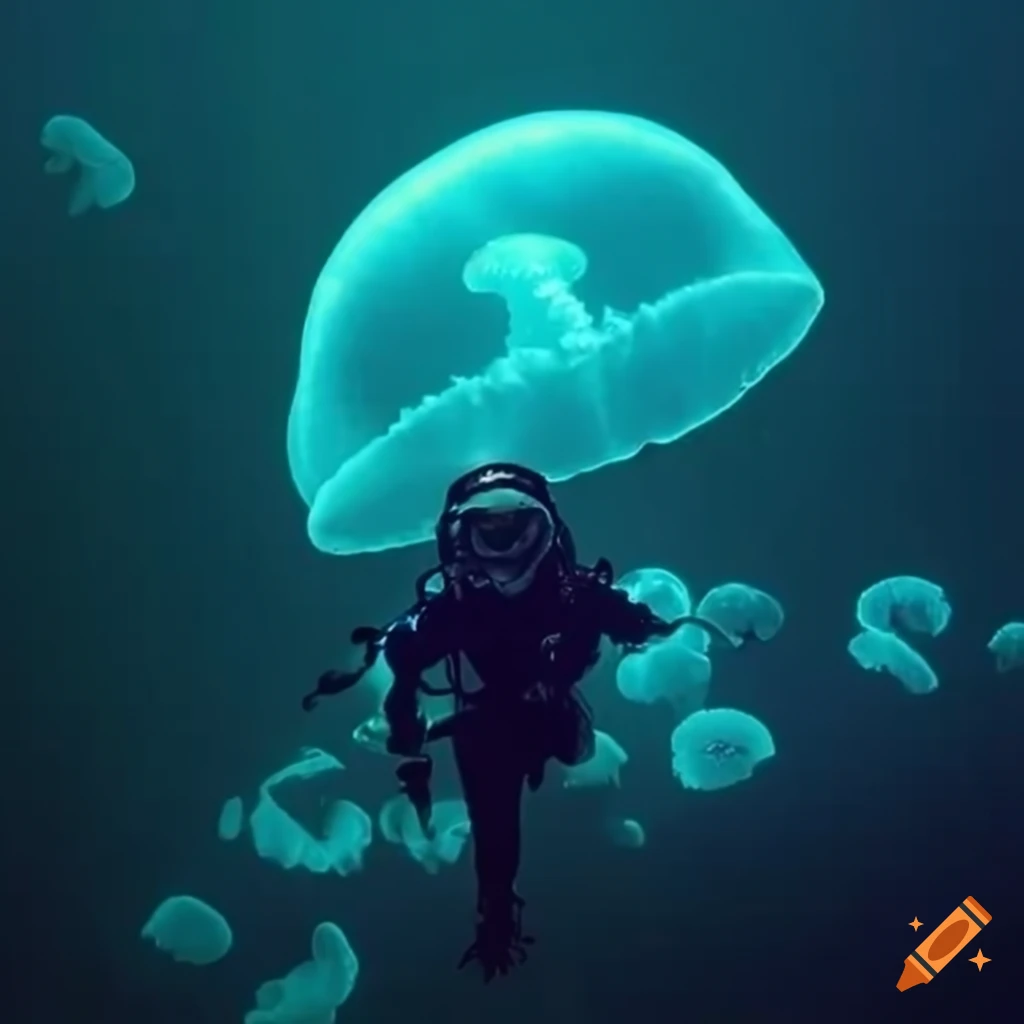 Deep sea diver surrounded by glowing jellyfish in the ocean