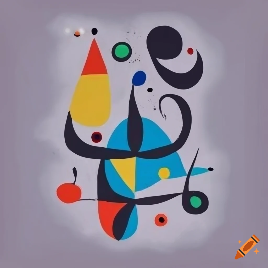 Surrealist cosmic creatures in Miro painting style with red, yellow, white, and blue vegetation