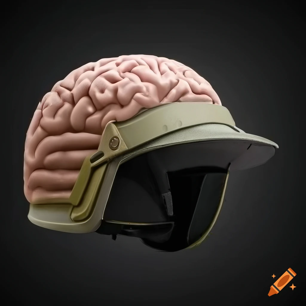 Tactical helmet merged with a brain in a profile view on black background