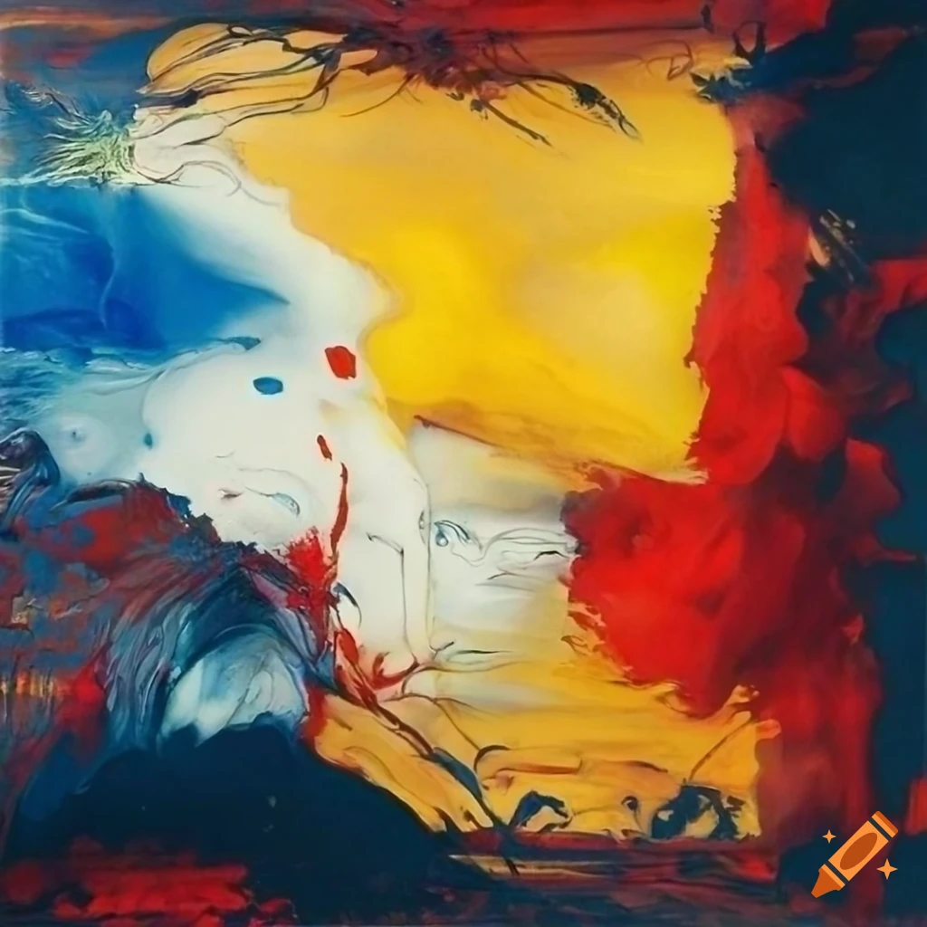 Abstract art piece using influences by Yoshitaka Amano and Zao Wou-Ki in oil, featuring red, black, yellow, blue, and white elements