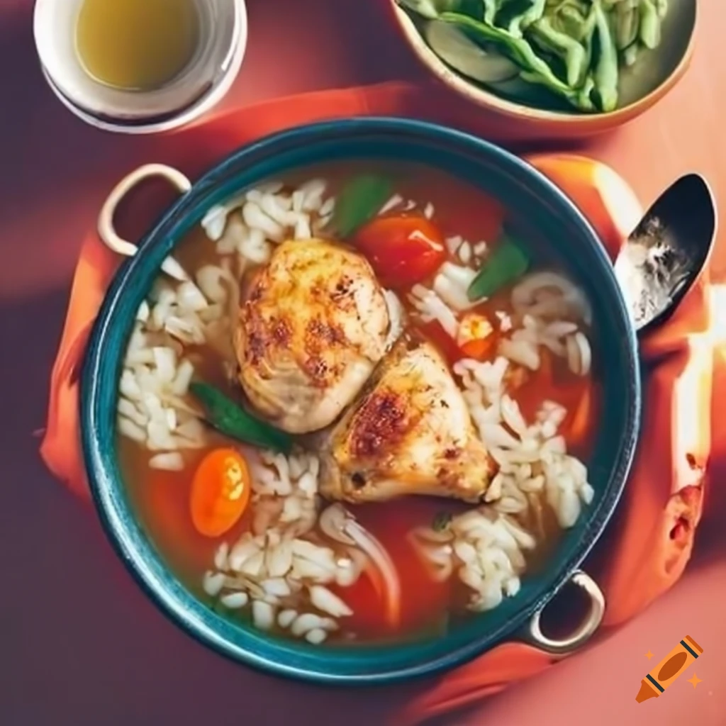 Oven pan with chicken, tomatoes, and rice in vegetable broth on Craiyon