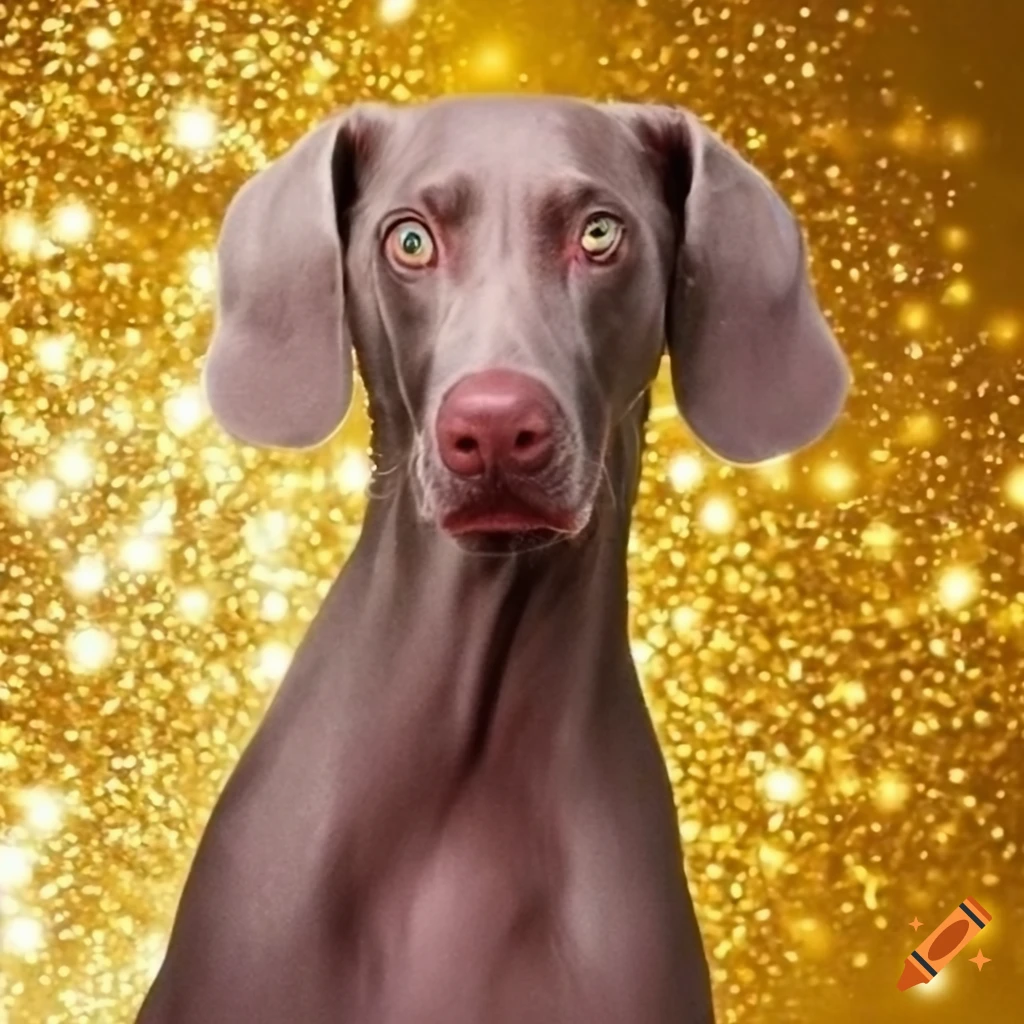 Weimaraner on a sparkly golden background