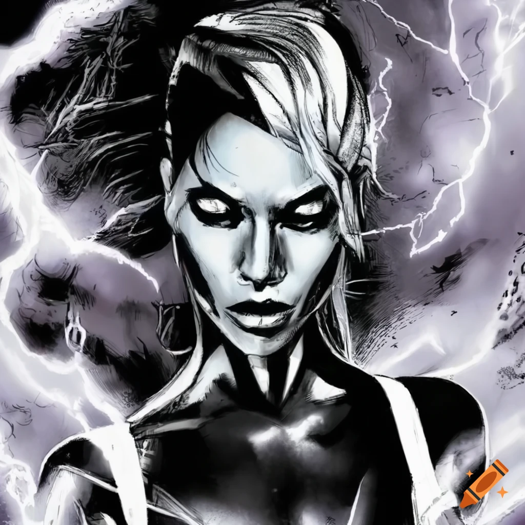 Claire Danes portrayed as X-MEN Storm with ink art in Tsutomu Nihei style