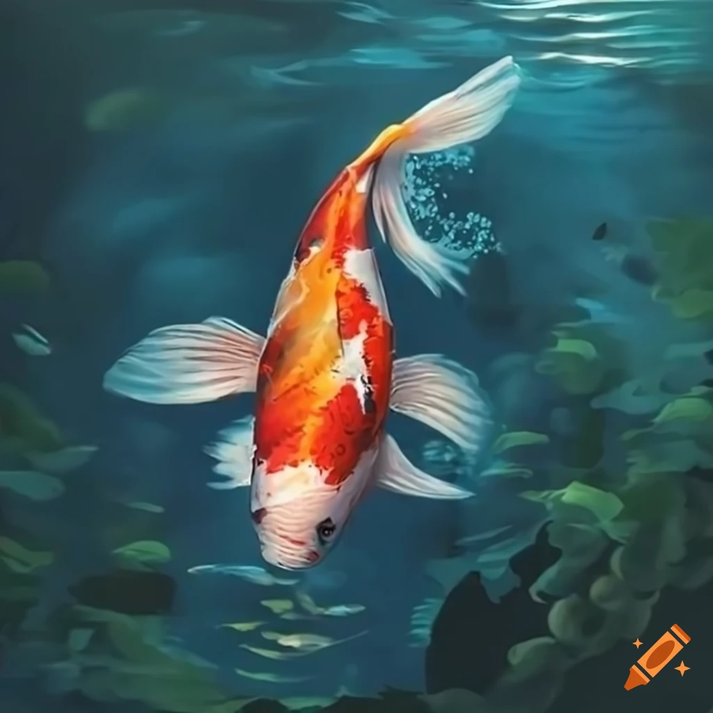 Powerful koi fish swimming upstream in sunlight on Craiyon