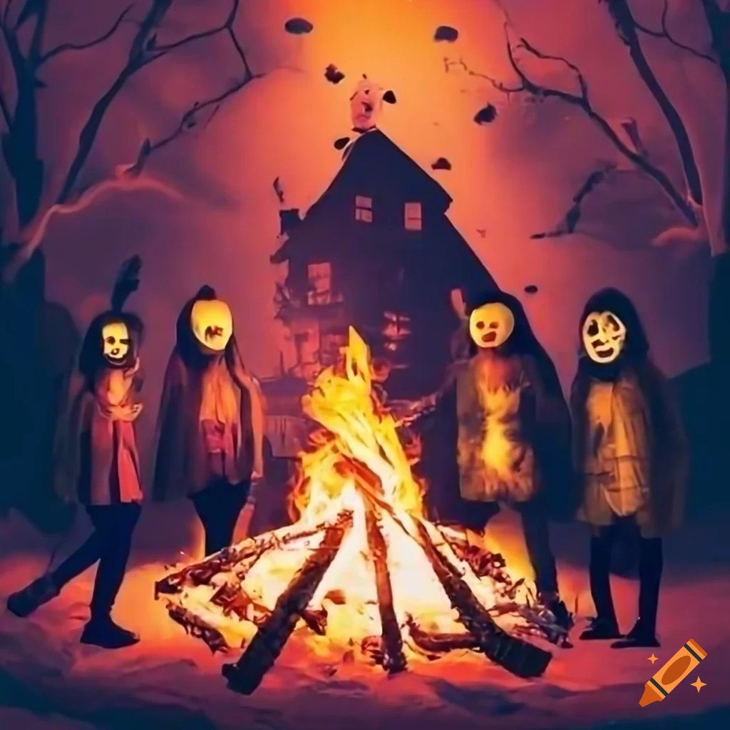 Friends enjoying a spooky movie around a bonfire