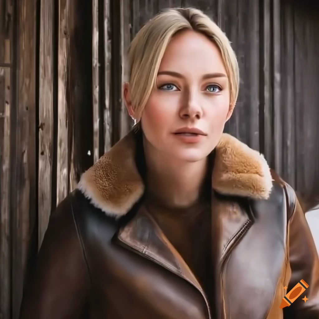 Blonde woman in sheepskin bomber jacket and black leather trousers standing in doorway of a barn