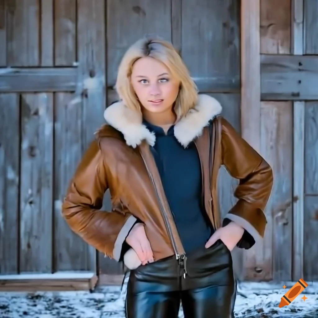 Blonde woman in sheepskin bomber jacket and black leather trousers standing in doorway of a barn