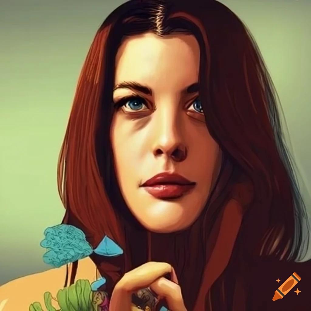 Beautiful gardener portrayed as Liv Tyler in graphic novel style