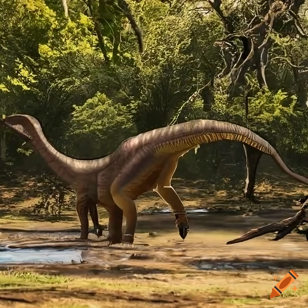 Hadrosaurus dinosaur drinking in sunny bushland clearing