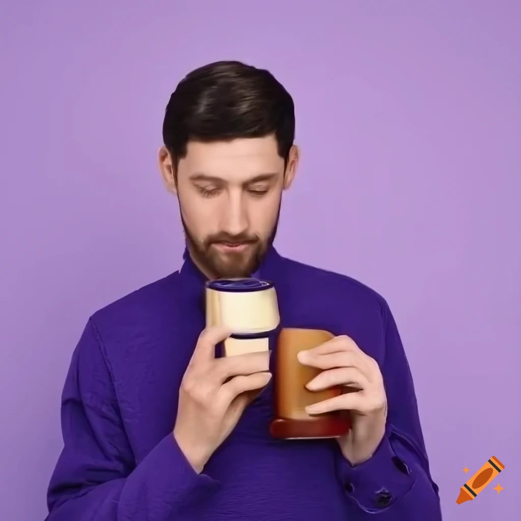Man smelling aquatic woody oriental leather scents on a light purple background