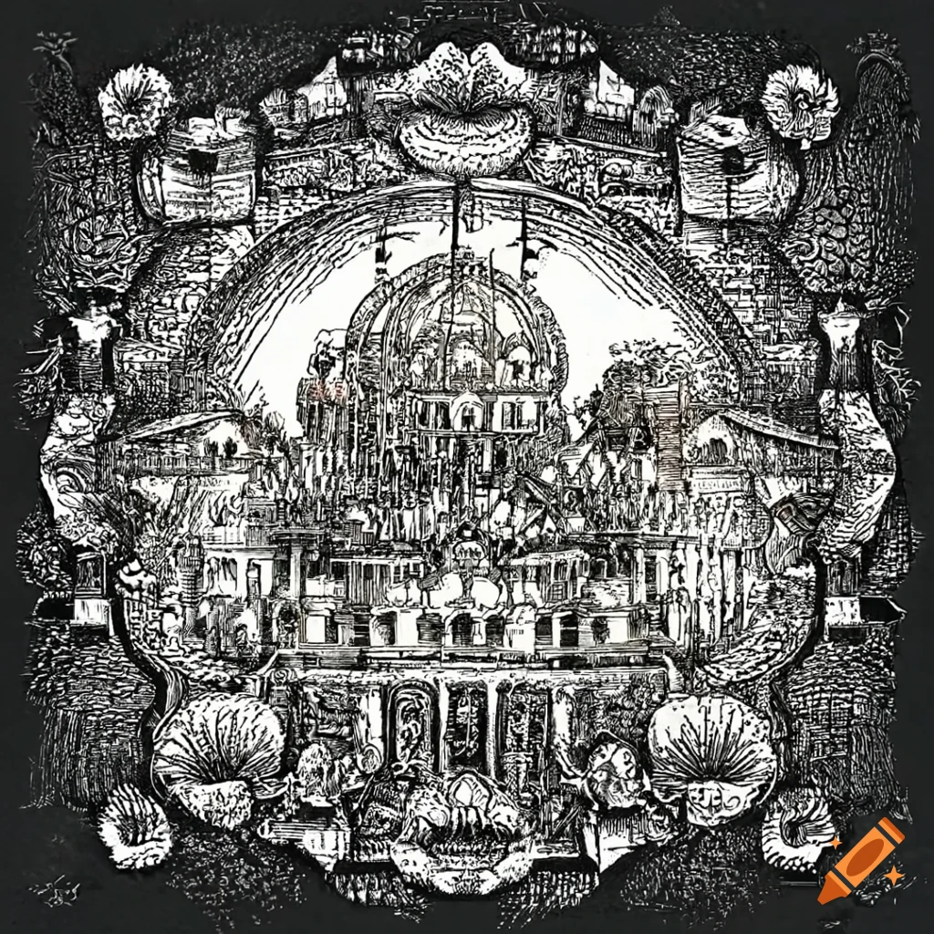 Intricate etching resembling high-quality Albrecht Dürer style of an amusement park with thrilling rides