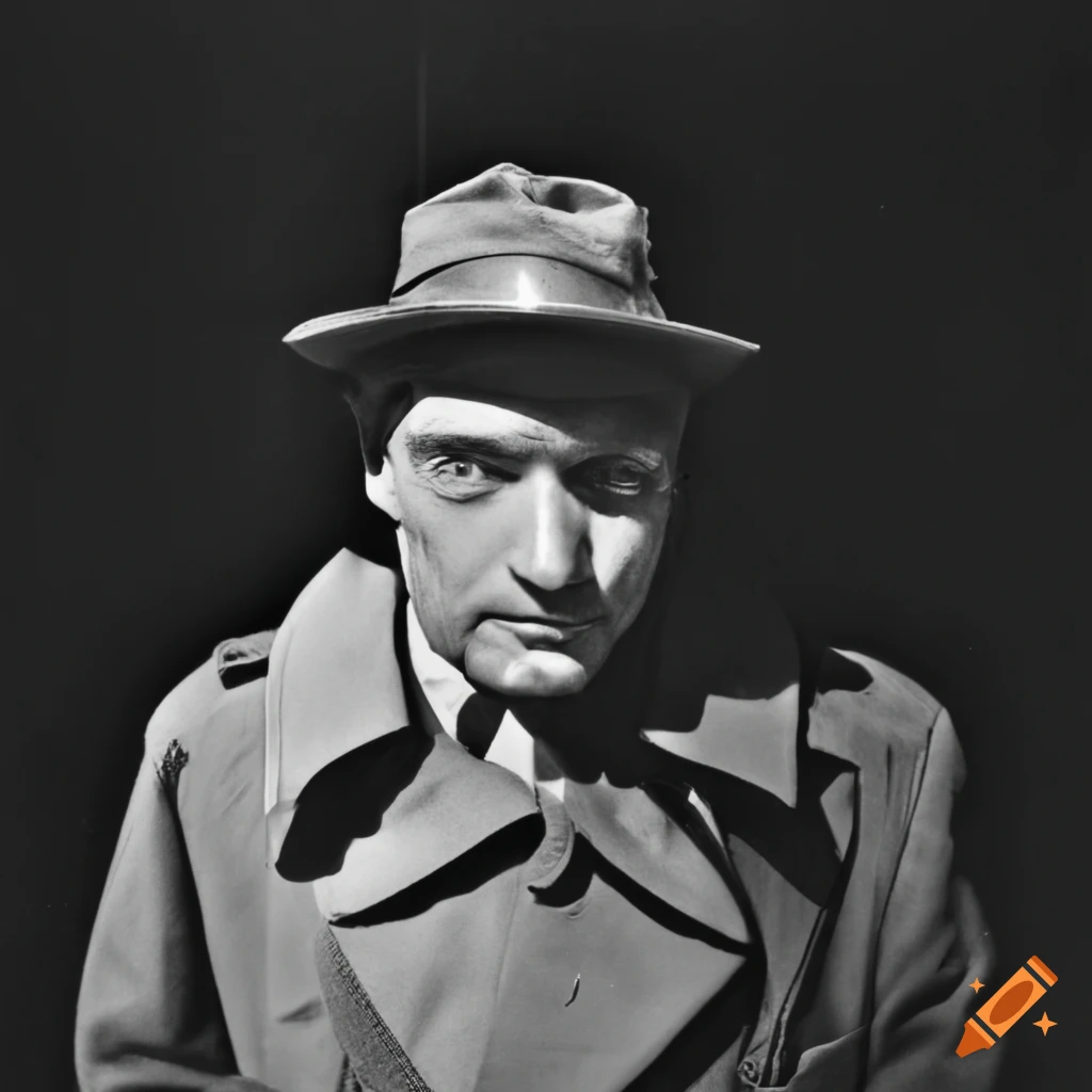 Man in hat and trench coat in 1950s style with fisheye lens effect