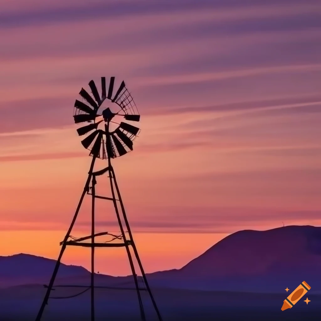 Idyllic landscape with rolling hills and an American southwest windmill against a sunset sky
