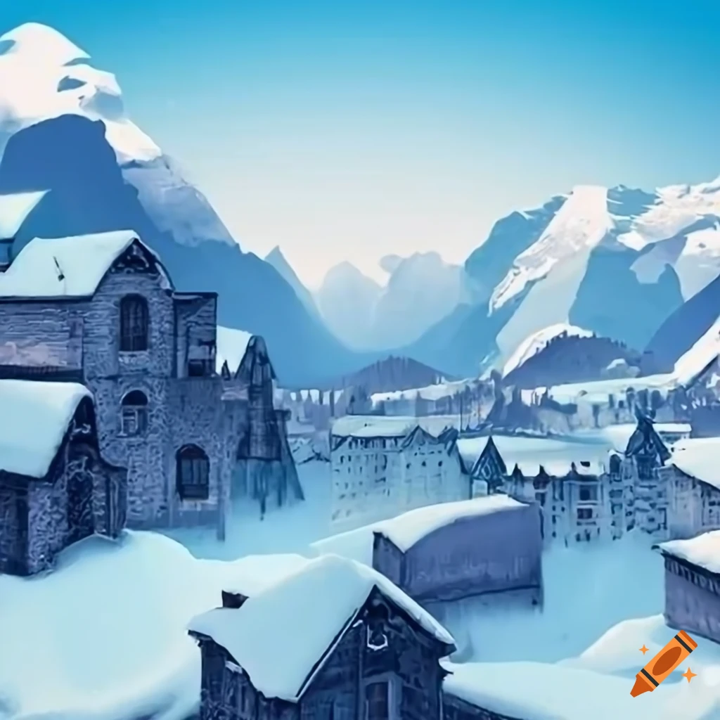 Large medieval city in the snowy mountains on Craiyon