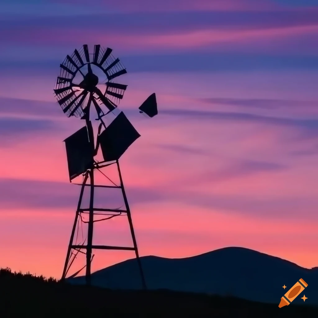 Rolling hills with a windmill in American Southwest sunset