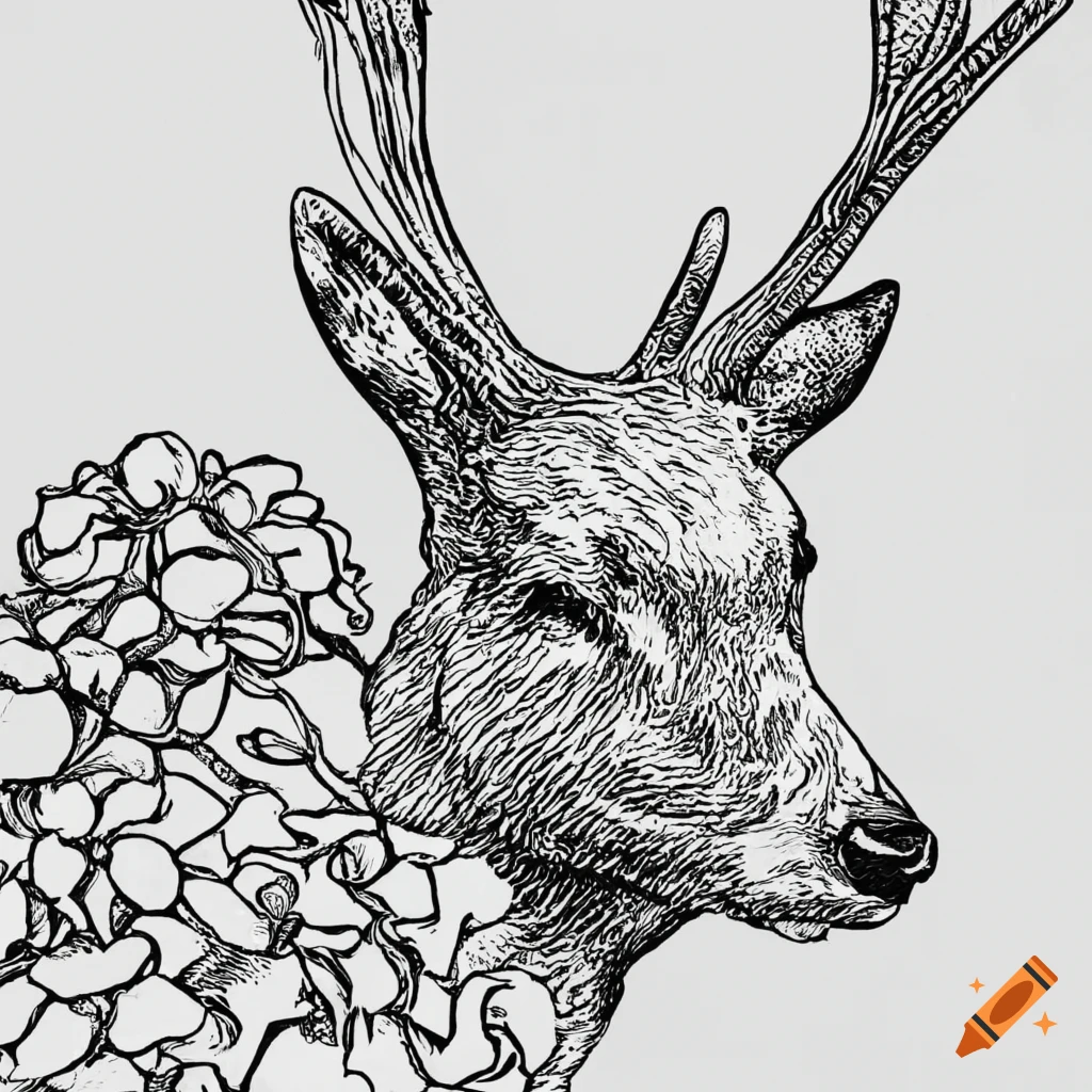 Detailed line drawing of a stag surrounded by hydrangea bushes
