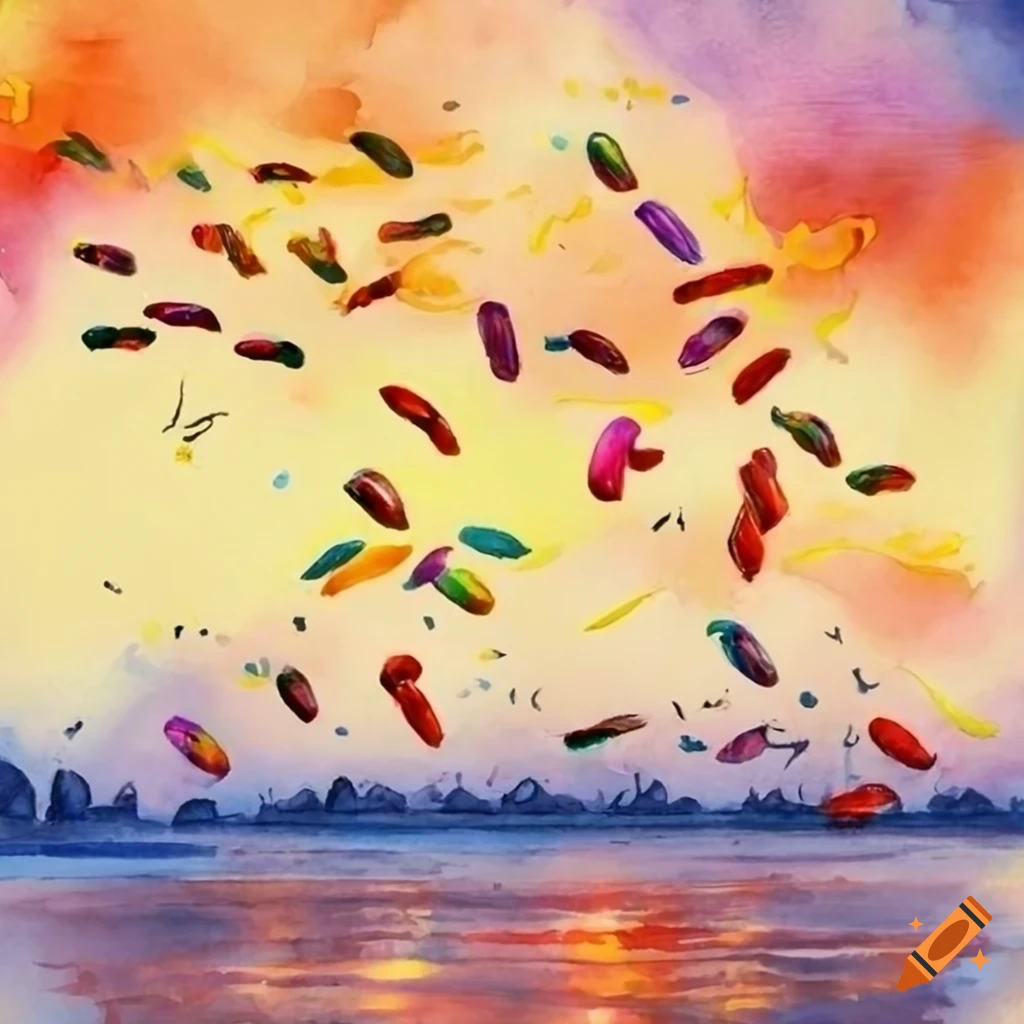 Flock of candies flying over a river at sunset with realistic textures