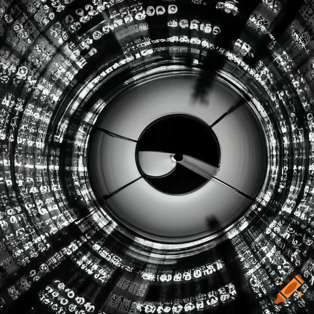 Black and white music record surrounded by binary code on Craiyon
