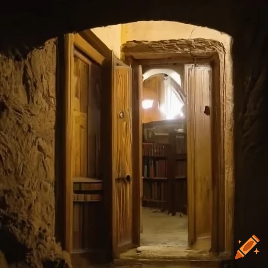 Explorers inside a cave discovering an entrance to a library behind a wooden door
