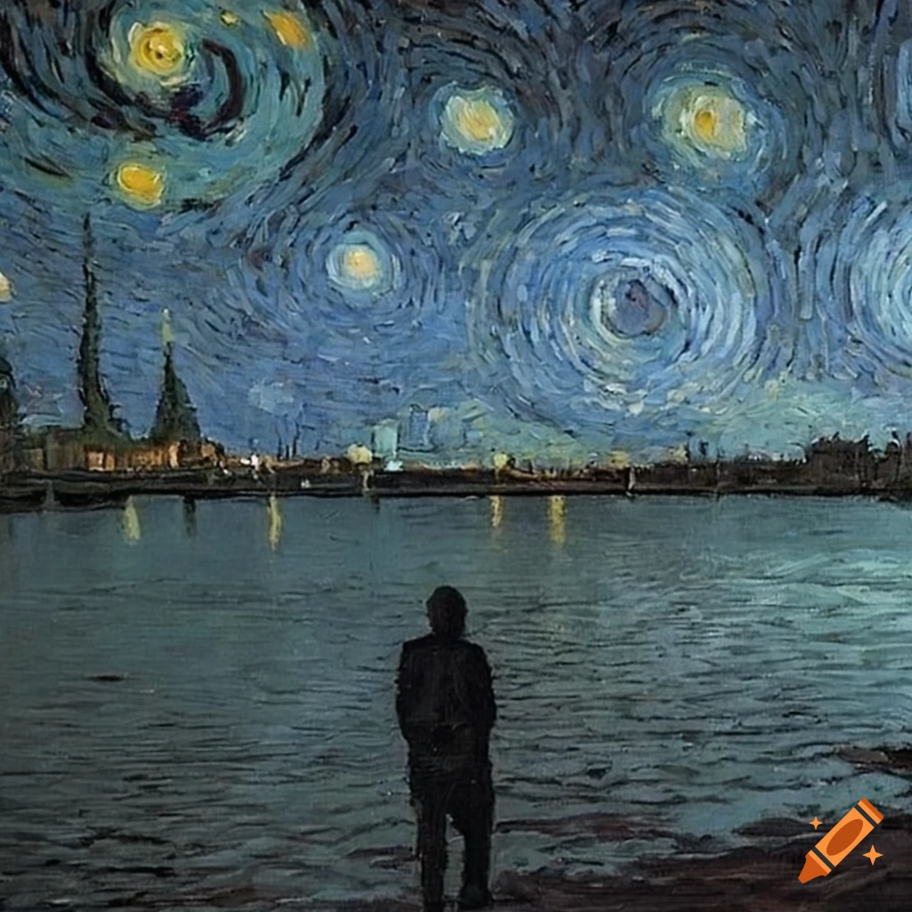 Man looking at starry night by Van Gogh on the riverbank on Craiyon