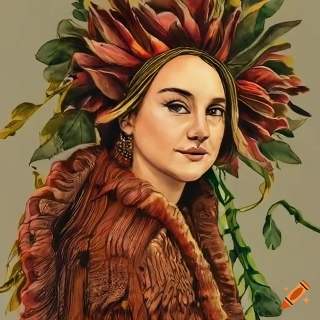 Shailene Woodley portrait with protea flower embellishments