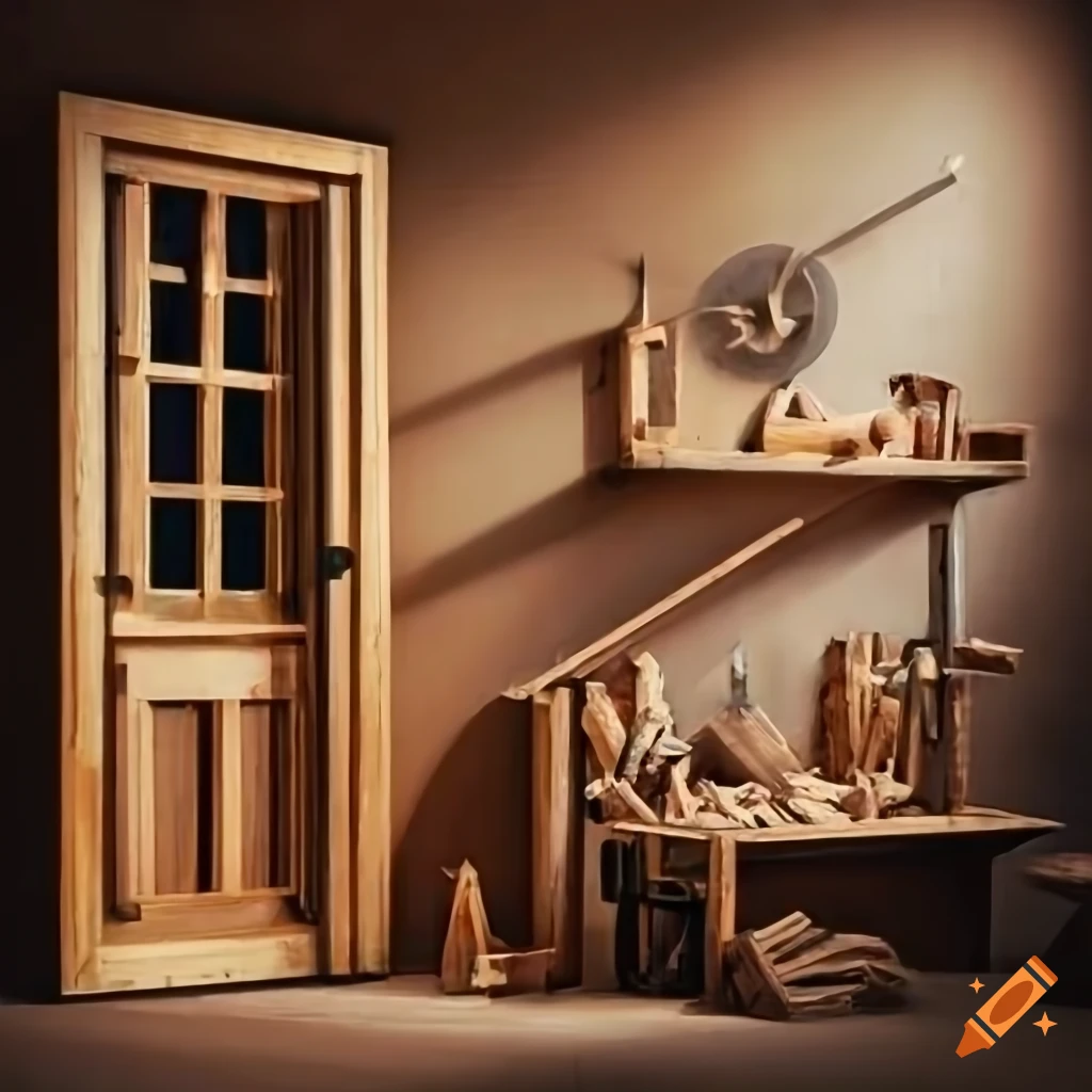 Newly built wooden door frames in a traditional workshop with carpenter's tools