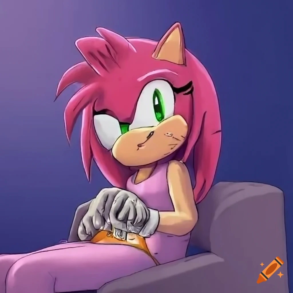 Amy rose relaxing on a couch in a sleeveless shirt on Craiyon