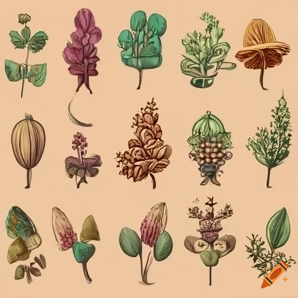 Colorful collection of herbs in medieval style on transparent background