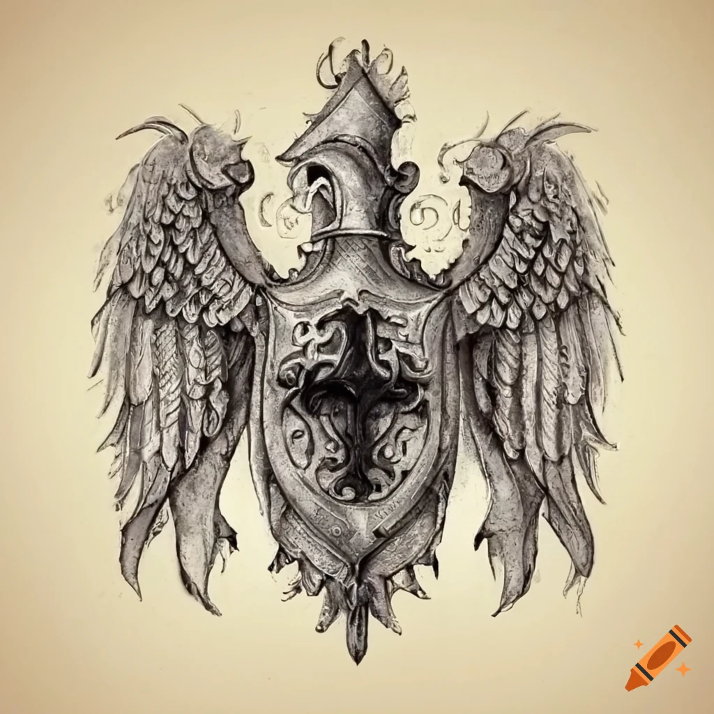 Medieval crest with iron cross, gryphons, and initials c on Craiyon