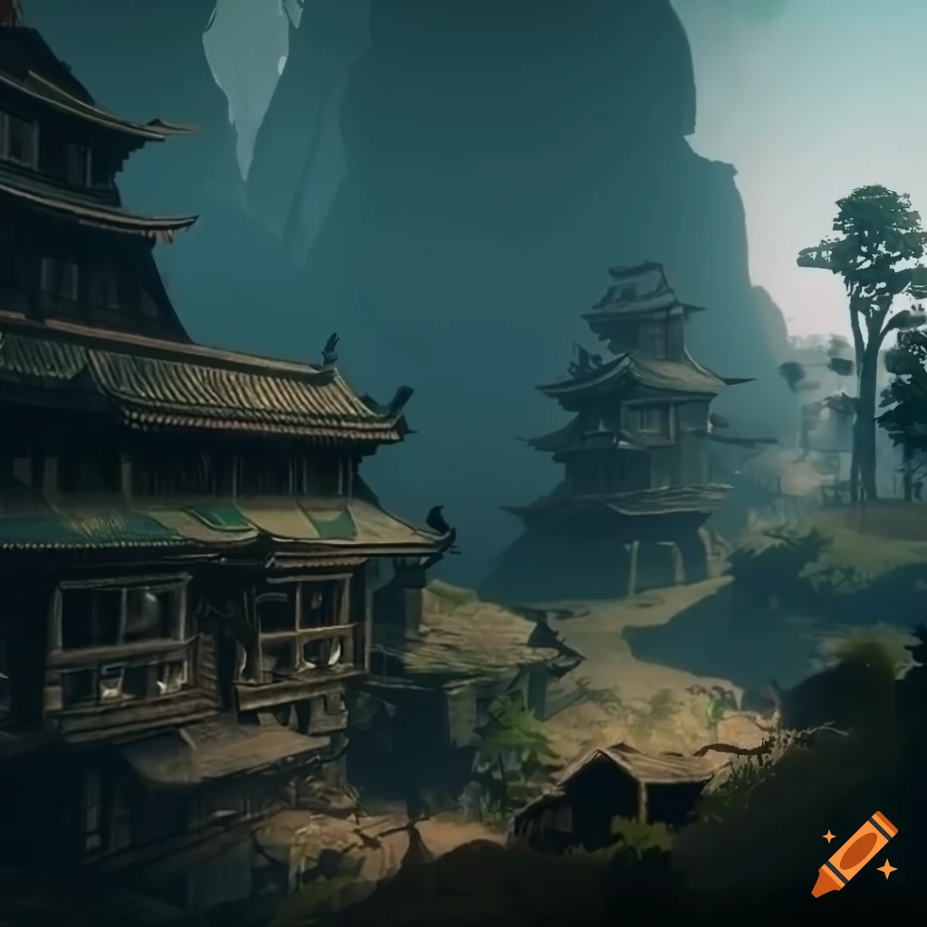 Clan Lavellan settlement inspired by Japanese and Hong Kong architecture in a post-apocalyptic setting