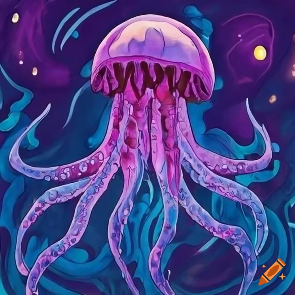 Detailed colored drawing of a purple jellyfish for kids, inspired by Fullmetal Alchemist