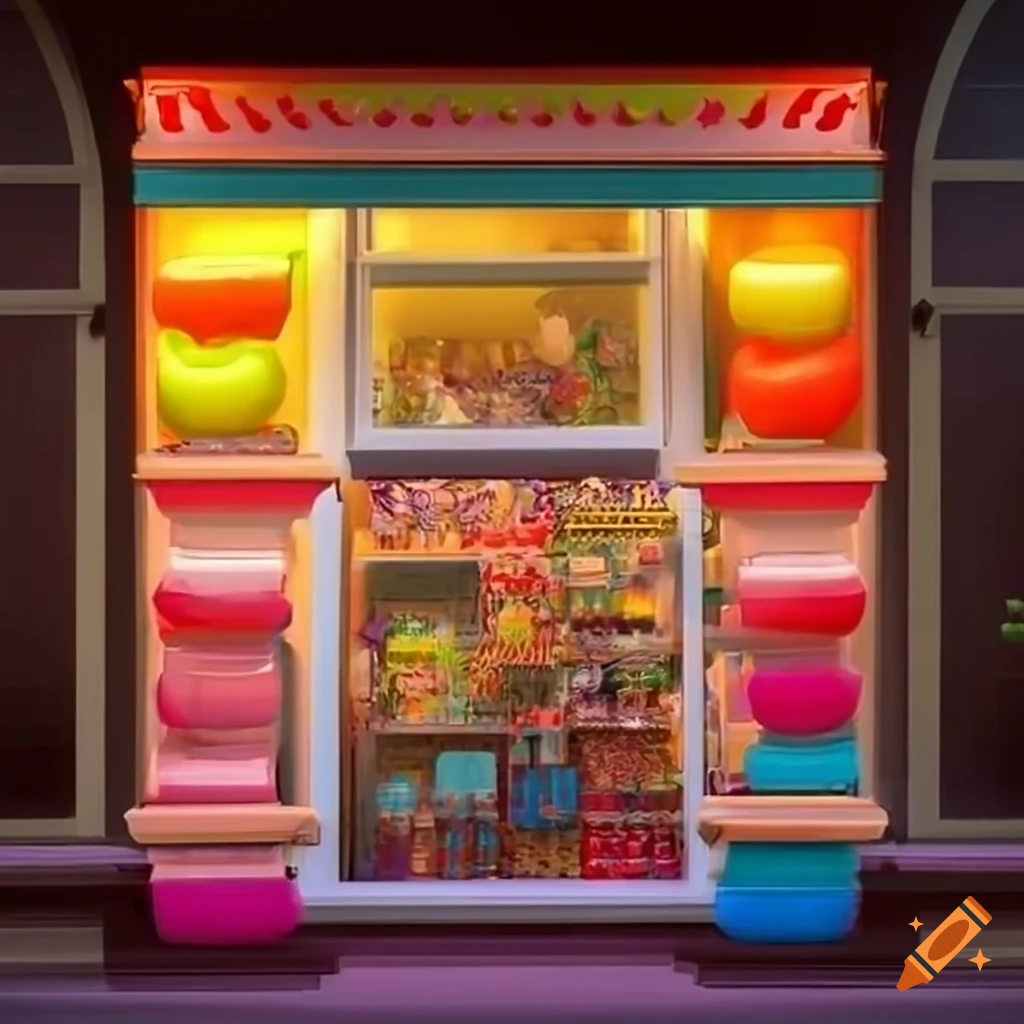 Colorful storefront of an old-fashioned candy shop with lollipops and gummies in windows